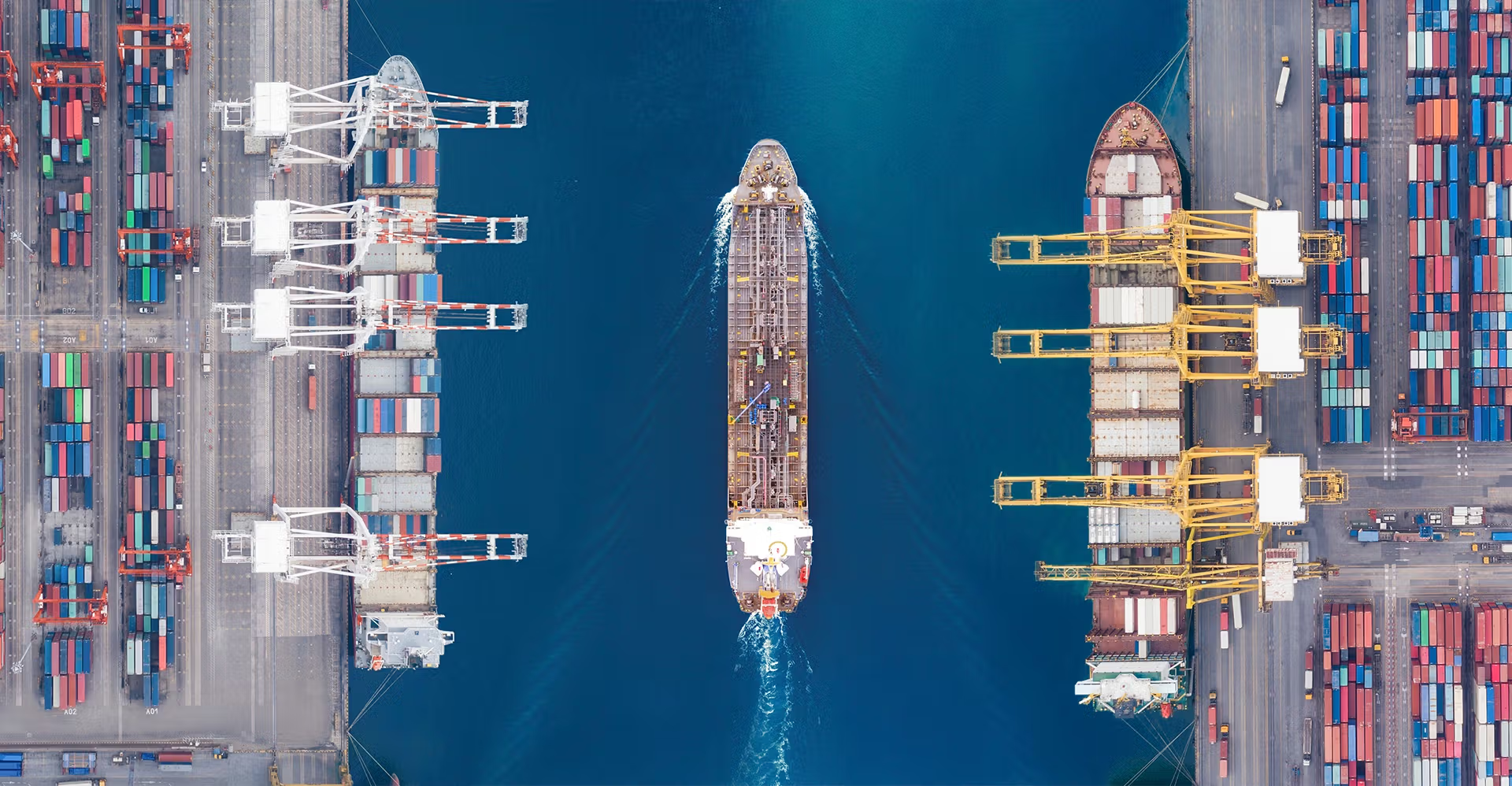 Aerial view of container ship at port