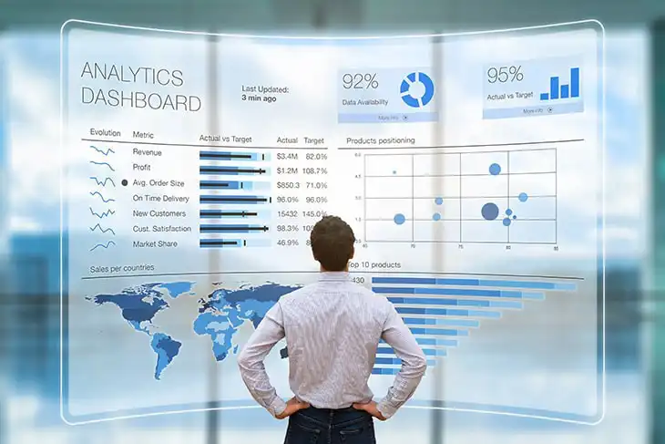 Analytics dashboard and man analyzing data